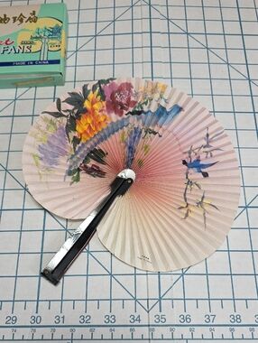 Chinese Paper Folding Hand Fan W/Metal Handle, VTG Mid-Century, #63